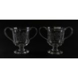 A PAIR OF ENGRAVED `JACOBITE' TYPE TWO-HANDLED GLASS LOVING CUPS (2)