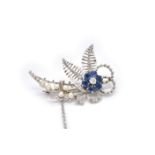 AN 18CT WHITE GOLD, SAPPHIRE, DIAMOND AND CULTURED PEARL BROOCH