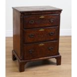 A GEORGE II STYLE 19TH CENTURY FIGURED WALNUT THREE DRAWER CHEST