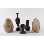 TWO CORNISH RED AND GREEN SERPENTINE VASES, ORNAMENTAL TAZZA AND A PAIR OF FOSSIL MARBLE BOOK...