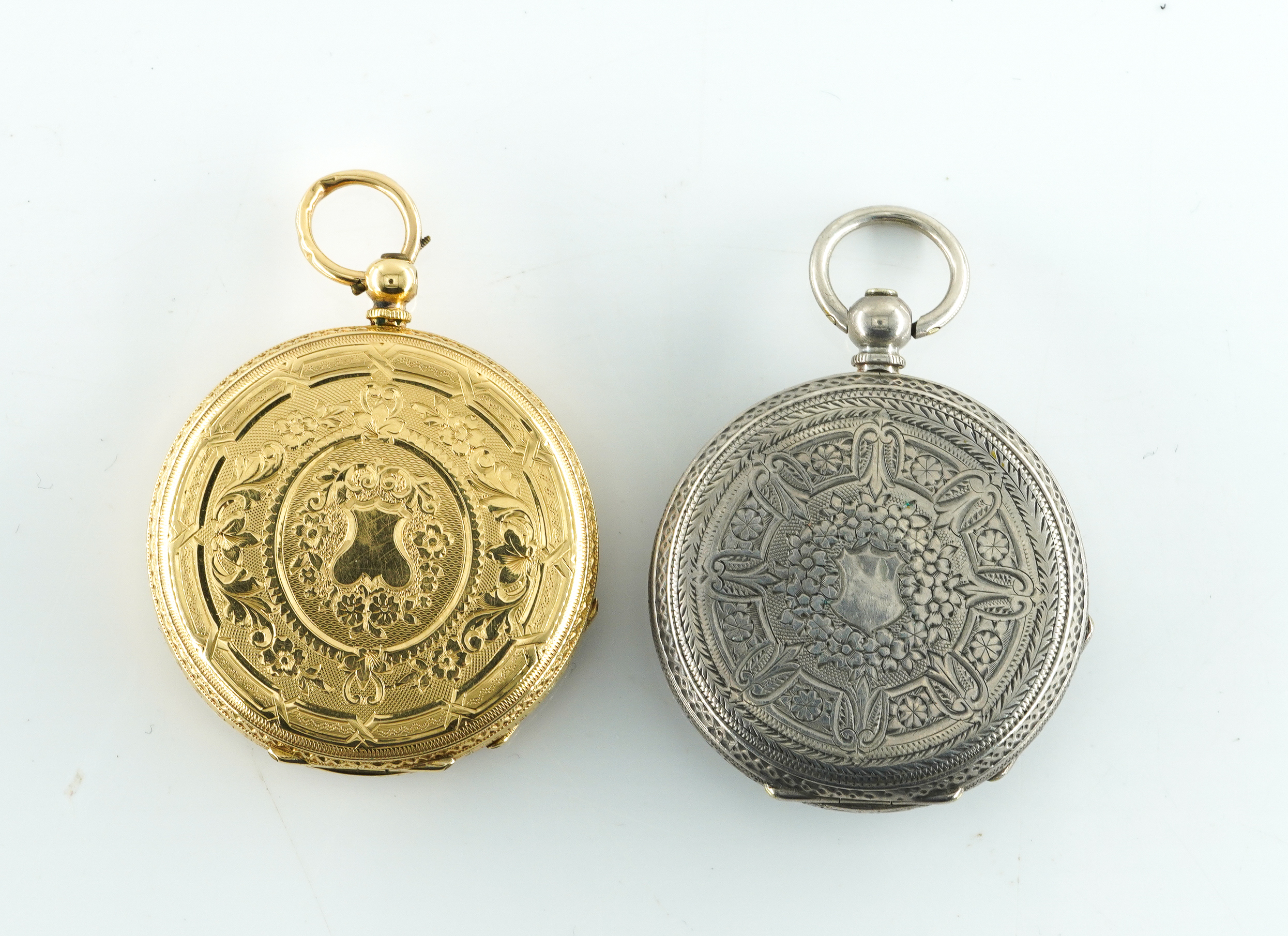 AN 18K GOLD CASED KEY WOUND FOB WATCH AND A SILVER FOB WATCH (2) - Image 2 of 6
