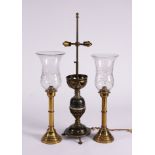 A GOTHIC STYLE CHAMPLEVE ENAMEL DECORATED METAL TABLE LAMP; TOGETHER WITH A PAIR BRASS EJECTOR...