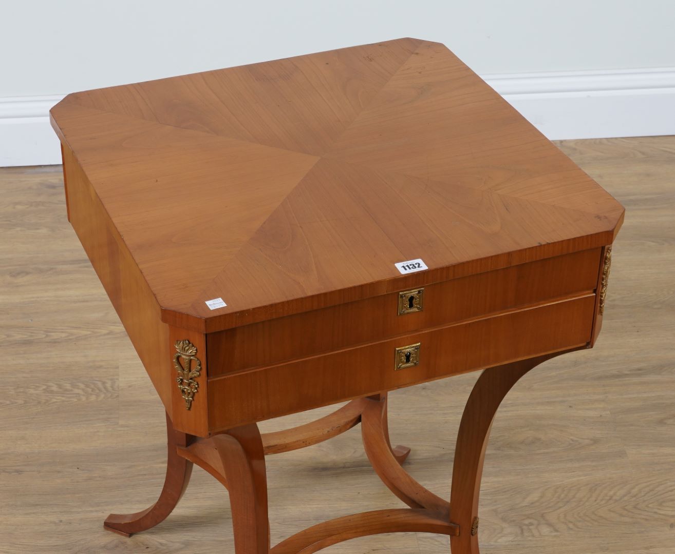 A BIEDERMEIER GILT-METAL MOUNTED FRUITWOOD CANTED SQUARE TWO DRAWER WRITING TABLE - Image 2 of 3