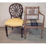 A GREY PAINTED OPEN ARMCHAIR AND A SPIDER BACK DINING CHAIR (2)