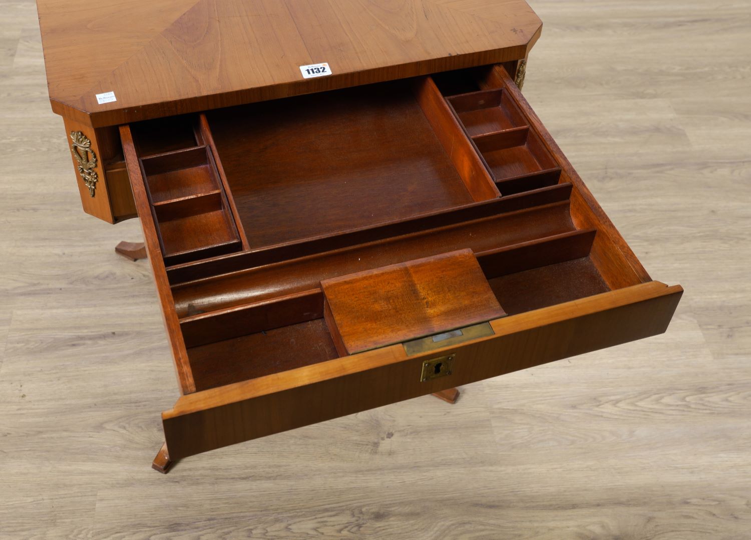 A BIEDERMEIER GILT-METAL MOUNTED FRUITWOOD CANTED SQUARE TWO DRAWER WRITING TABLE - Image 3 of 3