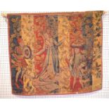 A FRENCH MEDIEVAL STYLE WALL TAPESTRY DEPICTING A PRINCESS WITH TWO SUITORS