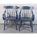 A PAIR OF BLUE PAINTED SCULLERY OPEN ARMCHAIRS (2)