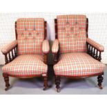 A NEAR PAIR OF VICTORIAN MAHOGANY FRAMED OPEN ARMCHAIRS (2)