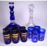 GLASSWARE COMPRISING; A BLUE GLASS SHIPS DECANTER (QTY)