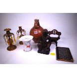 COLLECTABLES, A GROUP INCLUDING CARVED HARDWOOD ASIAN FIGURES, BRASS CANDLESTICKS, LEAD PLAQUE...