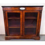 A VICTORIAN FIGURED WALNUT GILT MEAL AND CERAMIC MOUNTED GLAZED TWO DOOR SIDE CABINET
