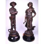 A PAIR OF FRENCH BRONZED SPELTER FIGURES OF FARM WORKERS LABELLED FAUCHEUR AND MOISSONNESE
