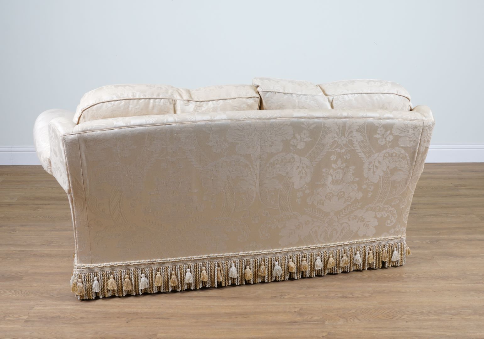 A MODERN TWO SEAT SOFA IN FLORAL GOLD PATTERN UPHOLSTERY - Image 2 of 2