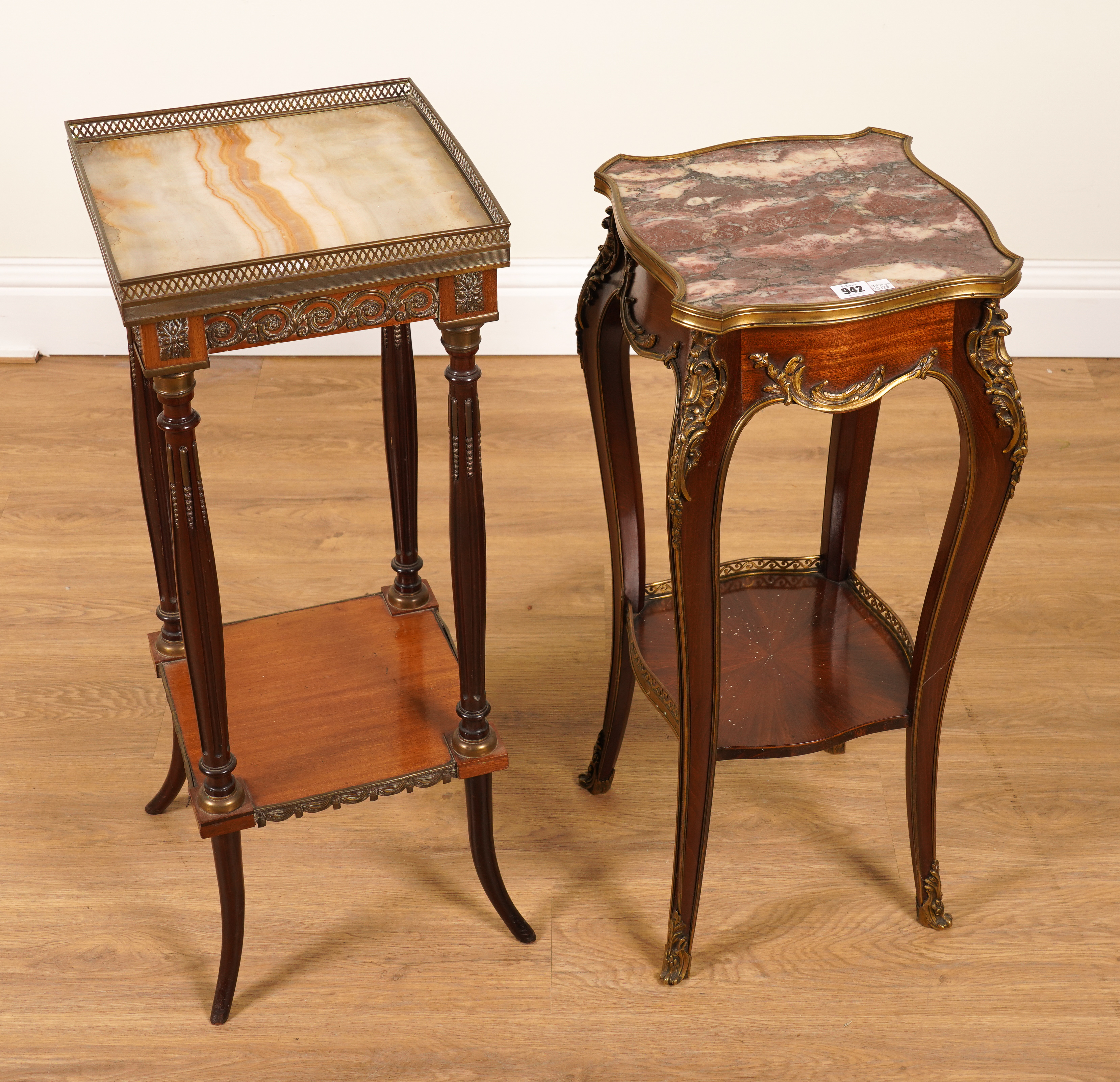 A LATE 19TH CENTURY FRENCH GILT-METAL MOUNTED MARBLE TOPPED TWO TIER OCCASIONAL TABLE (2) - Image 2 of 3