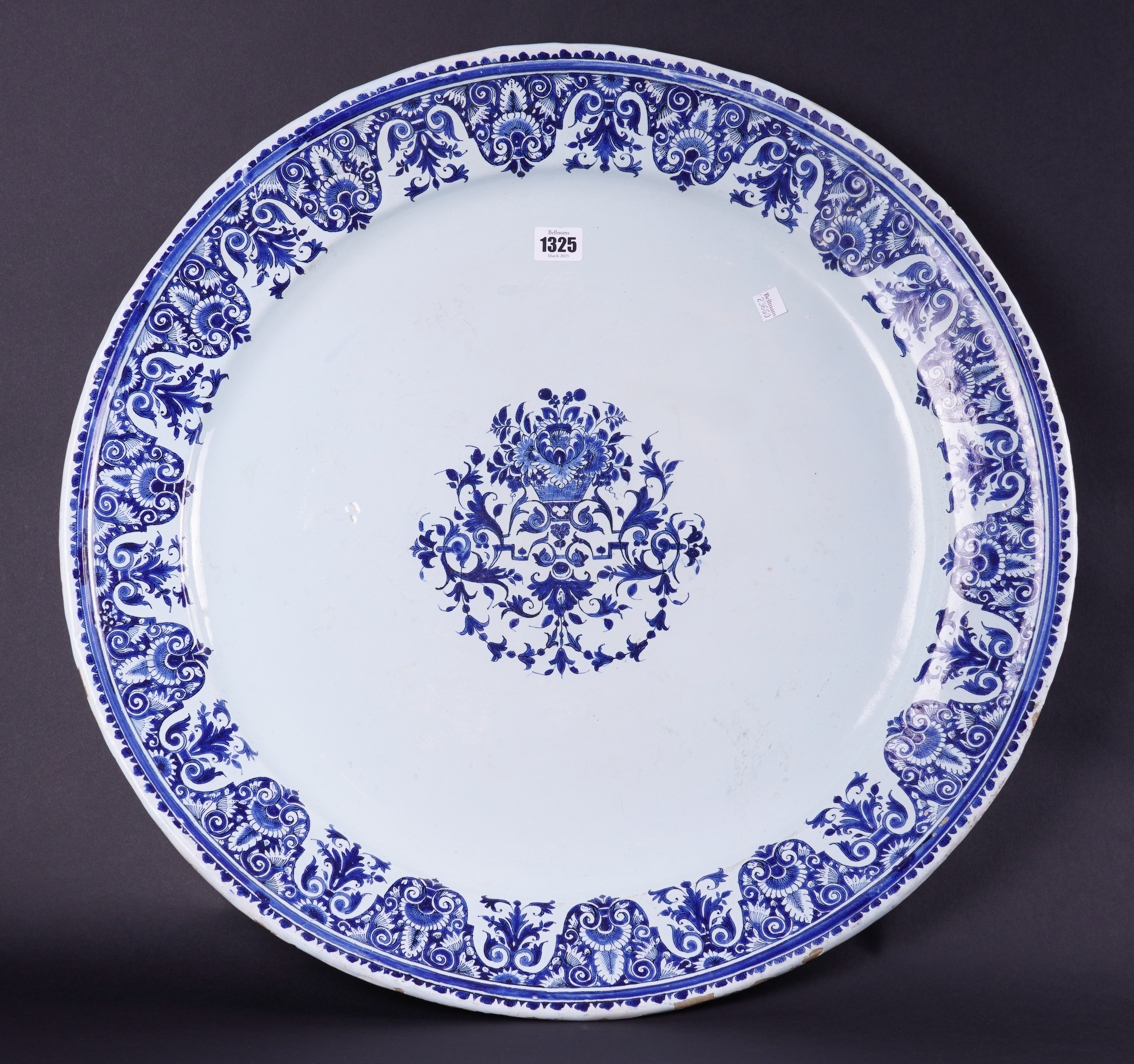 A VERY LARGE ROUEN FAIENCE BLUE AND WHITE CHARGER