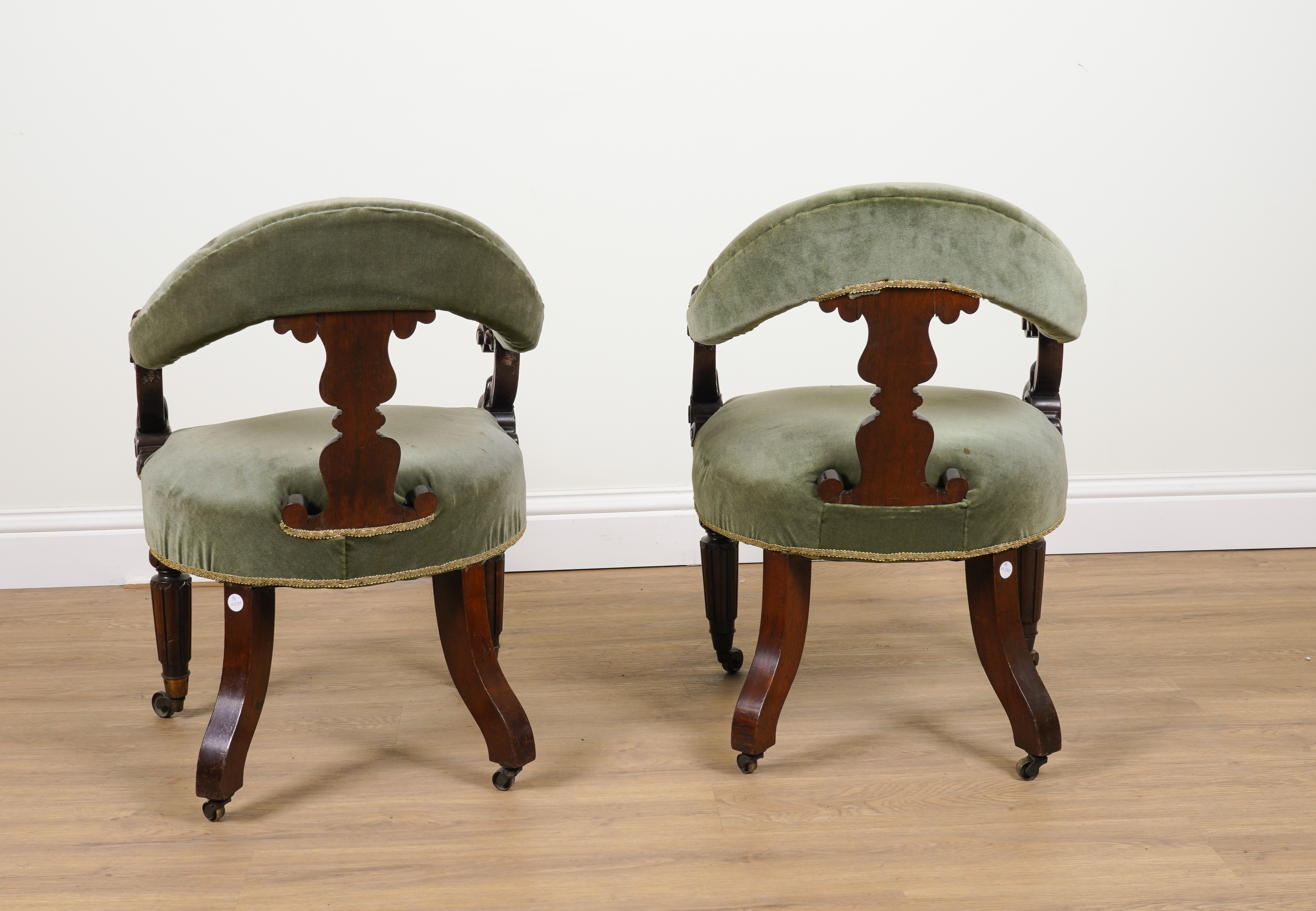 A PAIR OF EARLY VICTORIAN CARVED ROSEWOOD FRAMED TUB BACK DESK CHAIRS (2) - Image 2 of 3