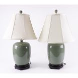 A PAIR OF GREEN CRACKLE GLAZED TABLE LAMPS (2)