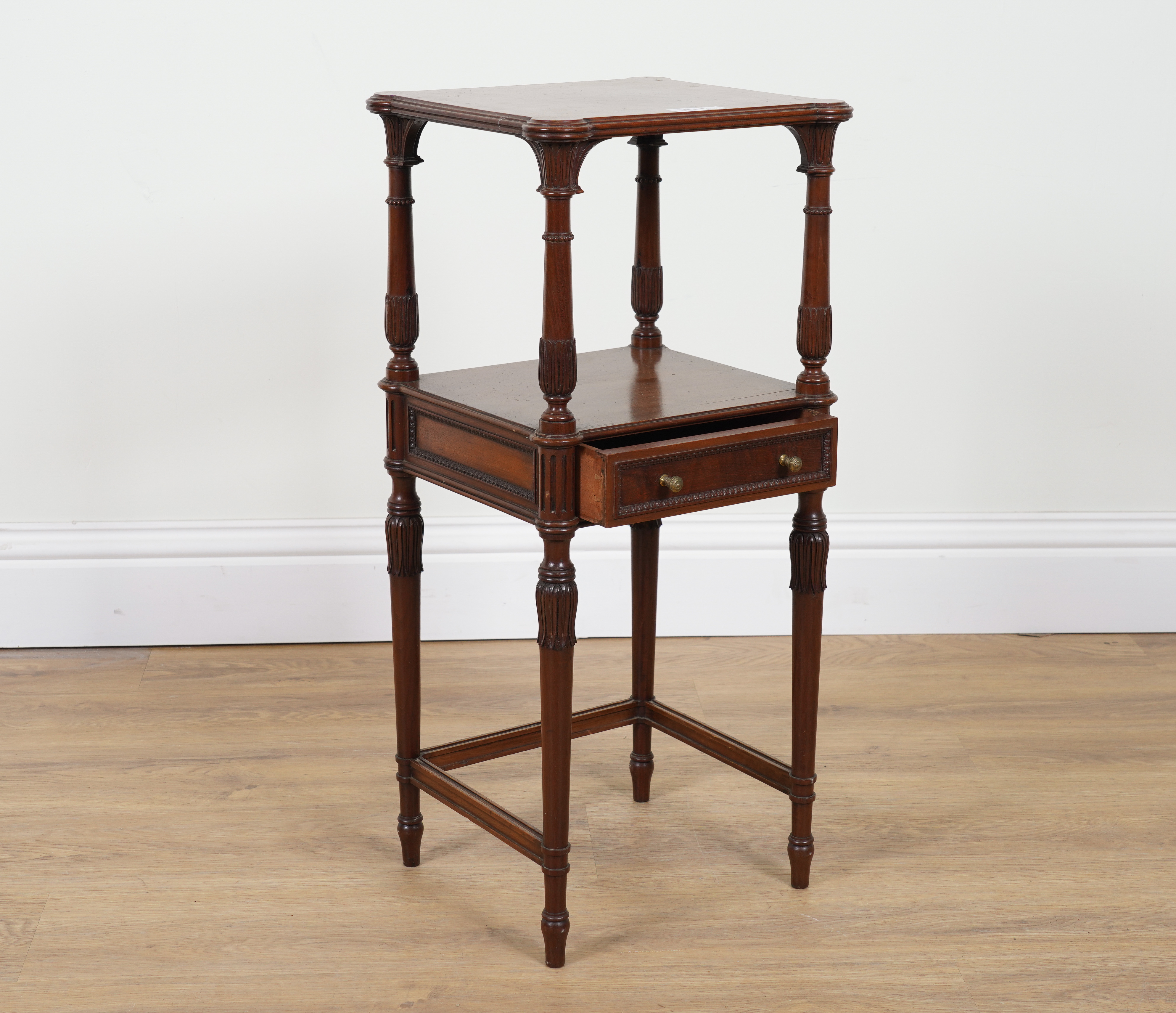 A LATE 19TH CENTURY WALNUT TWO TIER OCCASIONAL TABLE WITH SINGLE DRAWER ON CARVED TURNED SUPPORTS - Image 3 of 3