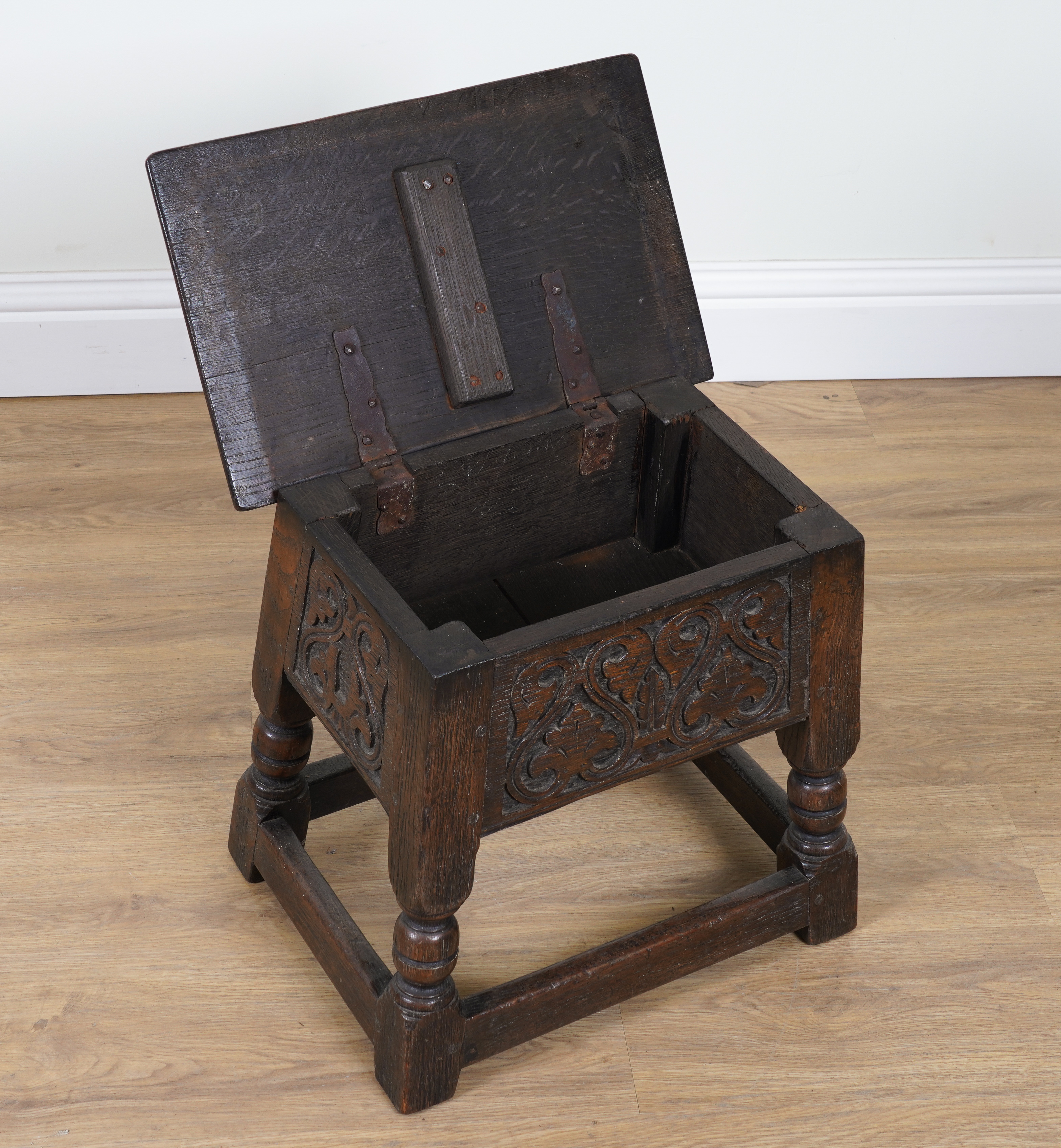 A 17TH CENTURY STYLE CARVED OAK BOX SEAT JOINT STOOL - Image 3 of 3