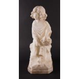 AN ITALIAN CARVED ALABASTER FIGURE OF A SEATED GIRL ON BASE