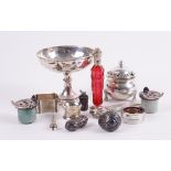 A SILVER PEDESTAL BOWL AND A GROUP OF SILVER, FOREIGN AND PLATED WARES (14)