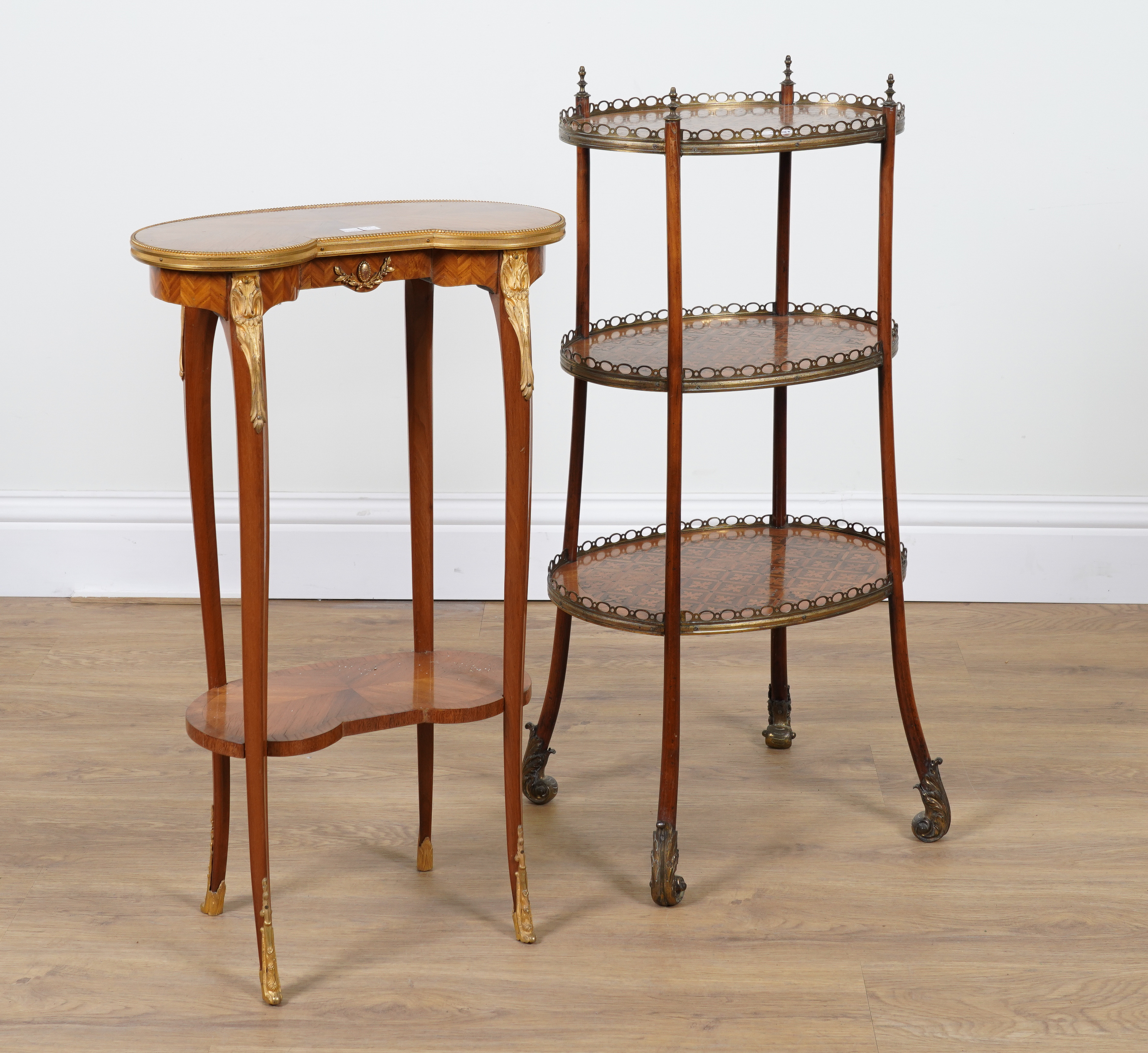 A 19TH CENTURY FRENCH PARQUETRY AND BRASS MOUNTED THREE TIER GALLERY ETAGERE (2)