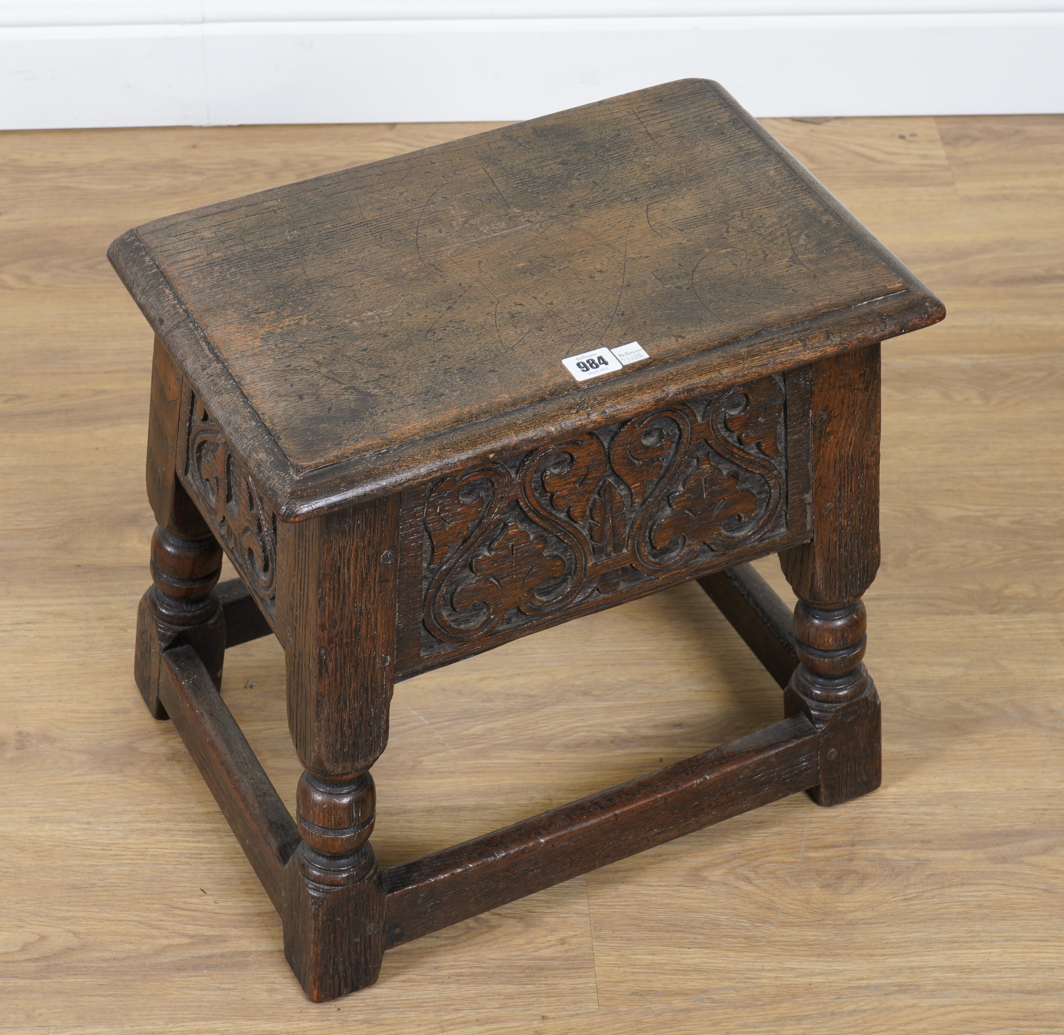 A 17TH CENTURY STYLE CARVED OAK BOX SEAT JOINT STOOL - Image 2 of 3