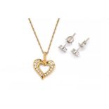 A 9CT GOLD AND DIAMOND HEART SHAPED PENDANT WITH A NECKCHAIN AND A PAIR OF DIAMOND CLUSTER...