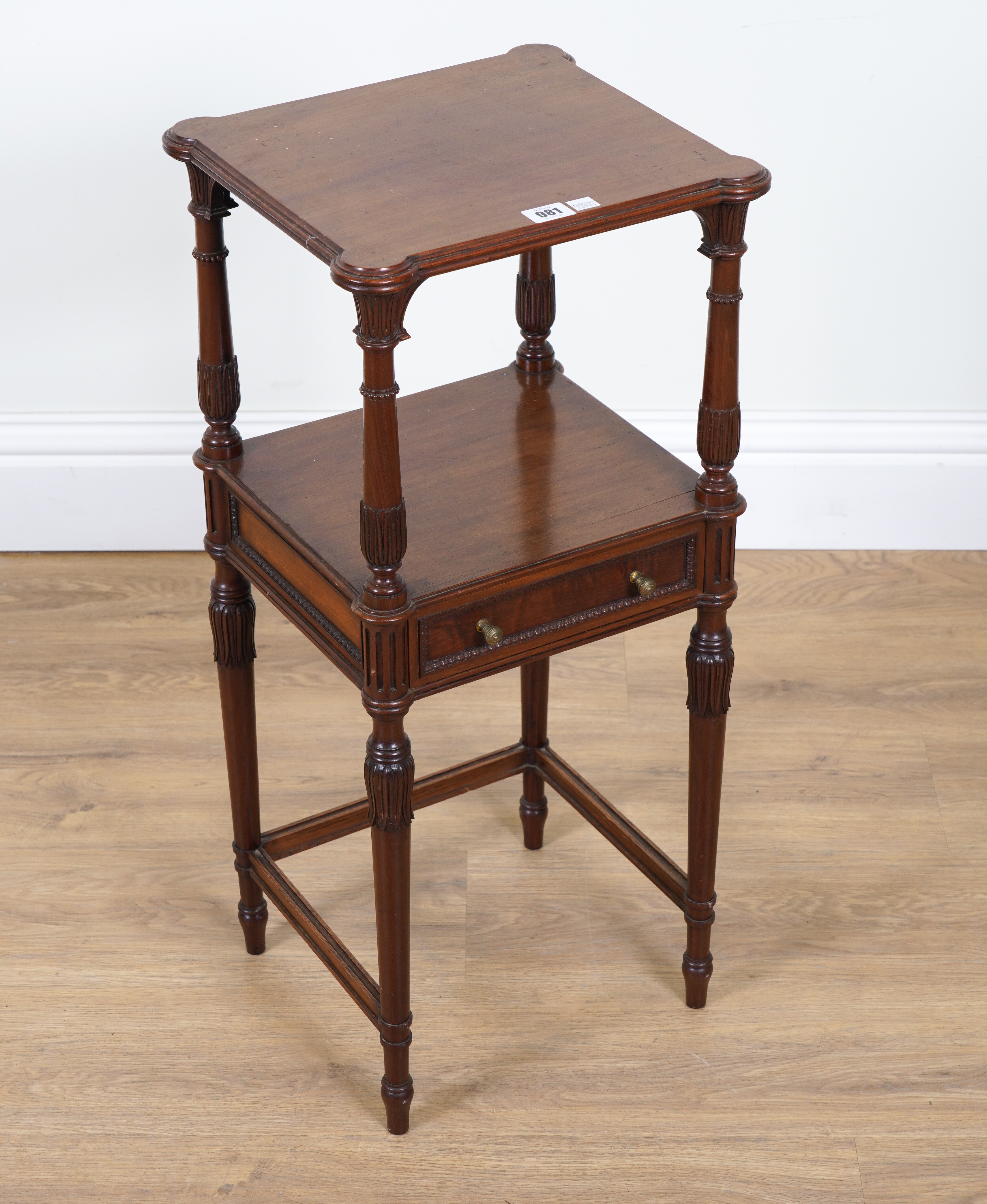 A LATE 19TH CENTURY WALNUT TWO TIER OCCASIONAL TABLE WITH SINGLE DRAWER ON CARVED TURNED SUPPORTS - Image 2 of 3