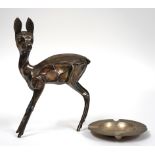 A SPANISH MODEL OF A STANDING FAWN AND A SILVER ASHTRAY (2)