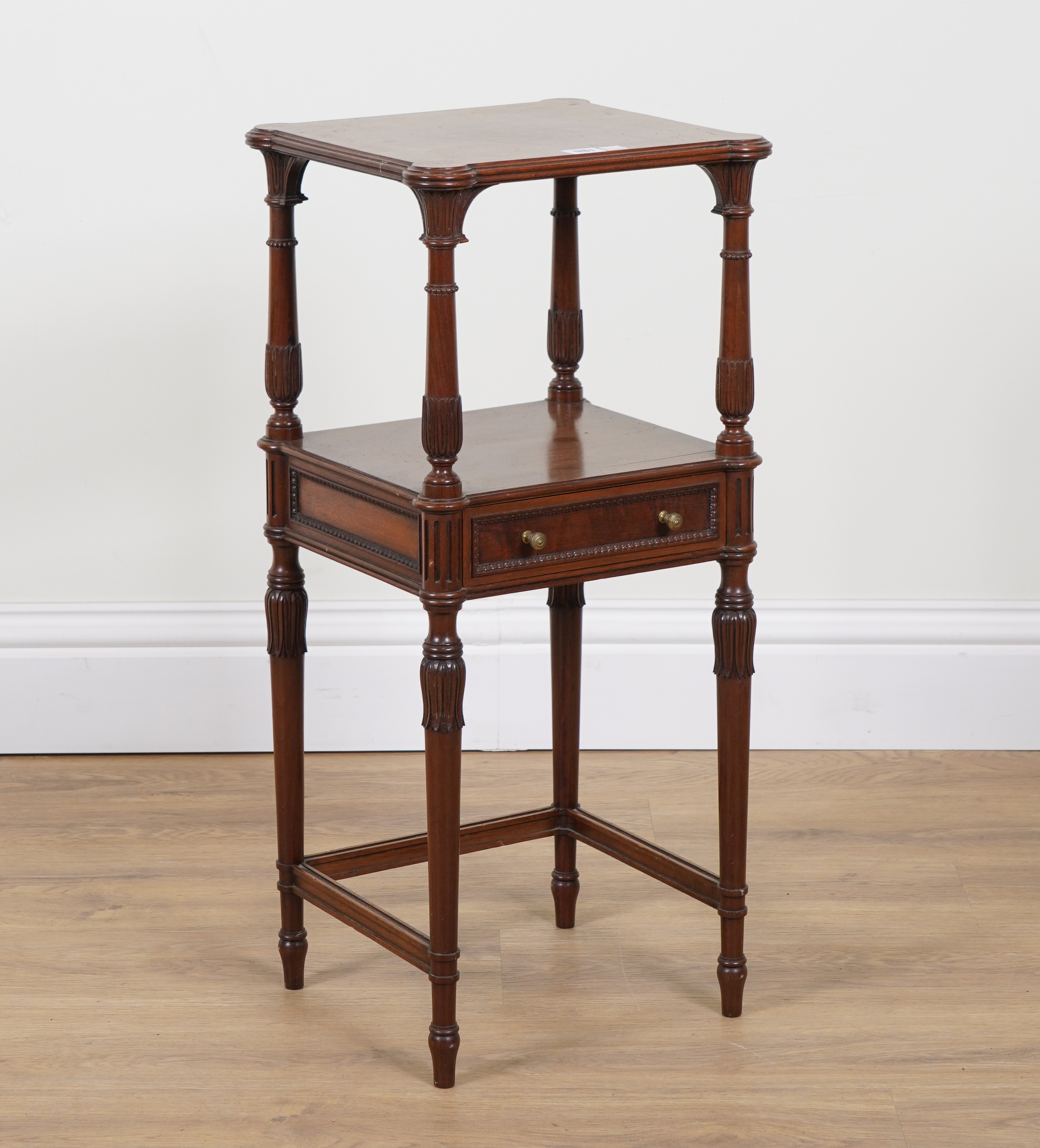 A LATE 19TH CENTURY WALNUT TWO TIER OCCASIONAL TABLE WITH SINGLE DRAWER ON CARVED TURNED SUPPORTS