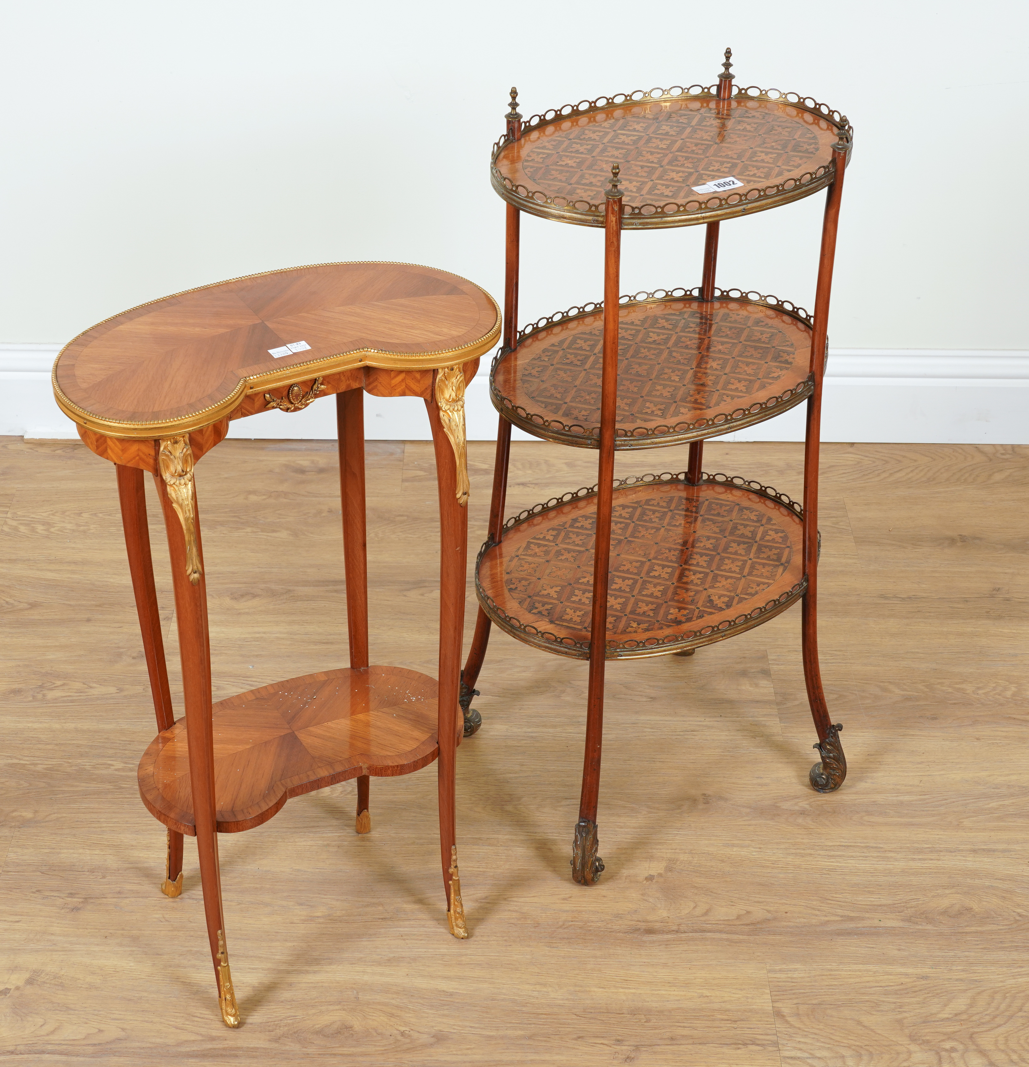 A 19TH CENTURY FRENCH PARQUETRY AND BRASS MOUNTED THREE TIER GALLERY ETAGERE (2) - Image 2 of 3