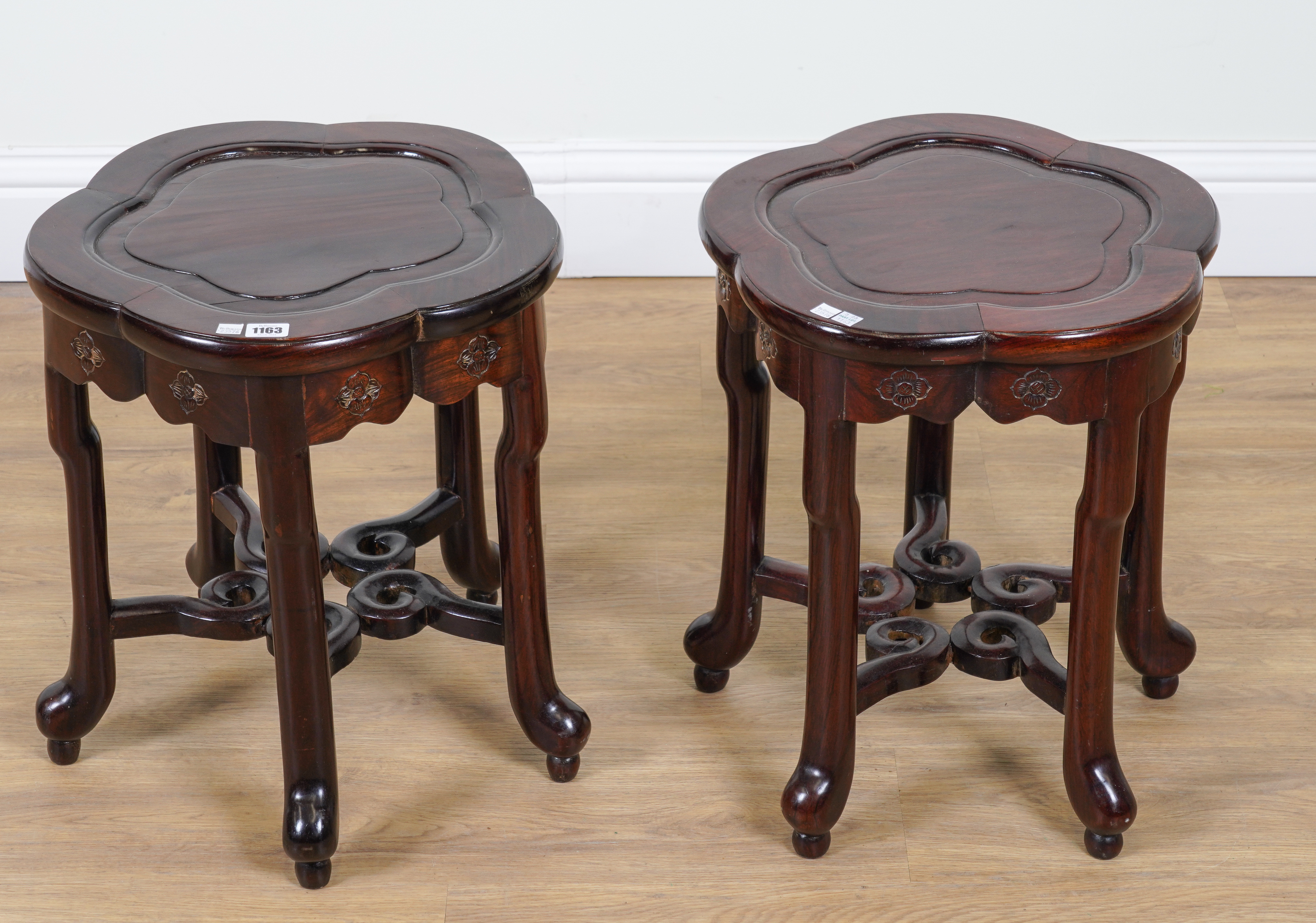 A PAIR OF CHINESE LATE 19TH CENTURY SHAPED CIRCULAR HARDWOOD JARDINIERE TABLES, EACH WITH FIVE... - Image 4 of 5