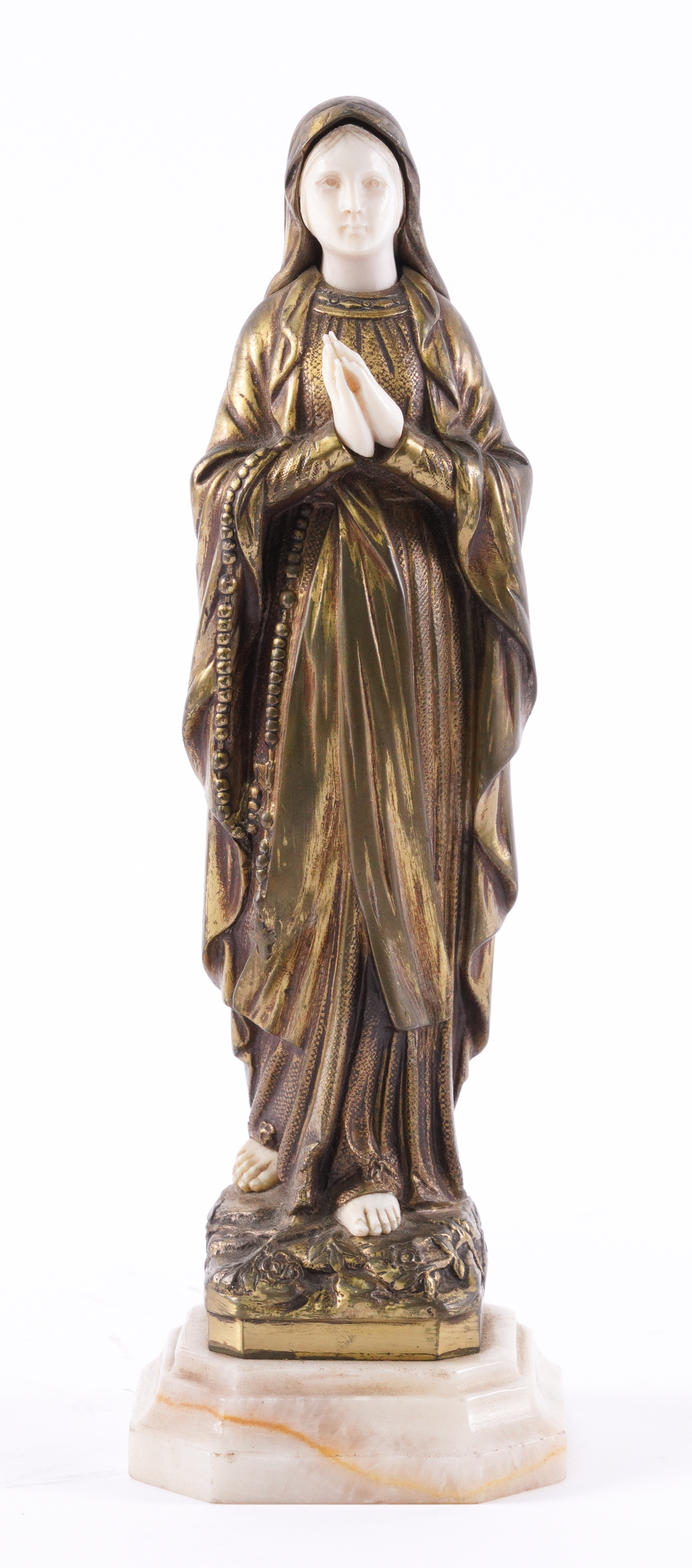 DOMINIQUE ALONZO (FRENCH ACT. 1910-1930): A GILT-BRONZE AND IVORY FIGURE OF THE VIRGIN OF LOURDES