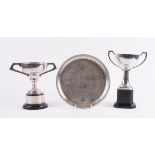 A SILVER WAITER AND TWO SILVER TROPHY CUPS (3)