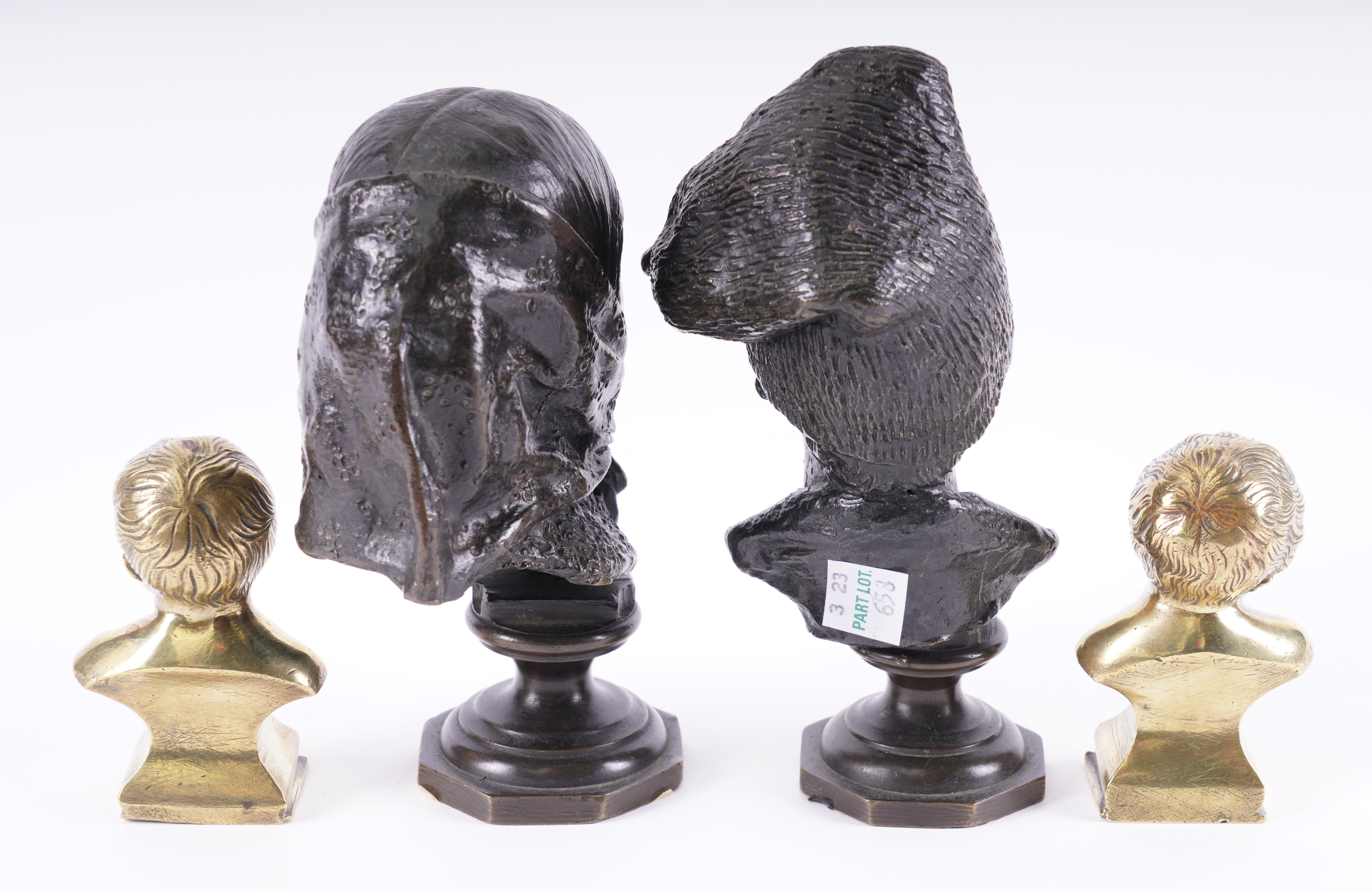 TWO FRENCH BRONZE PORTRAIT BUSTS OF WOMAN IN A HEADSCARF AND A BEARDED MAN WEARING A CAP OF... - Image 2 of 2