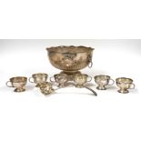 A PLATED PUNCH BOWL, A KING'S PATTERN PUNCH LADLE AND SIX PUNCH CUPS (8)