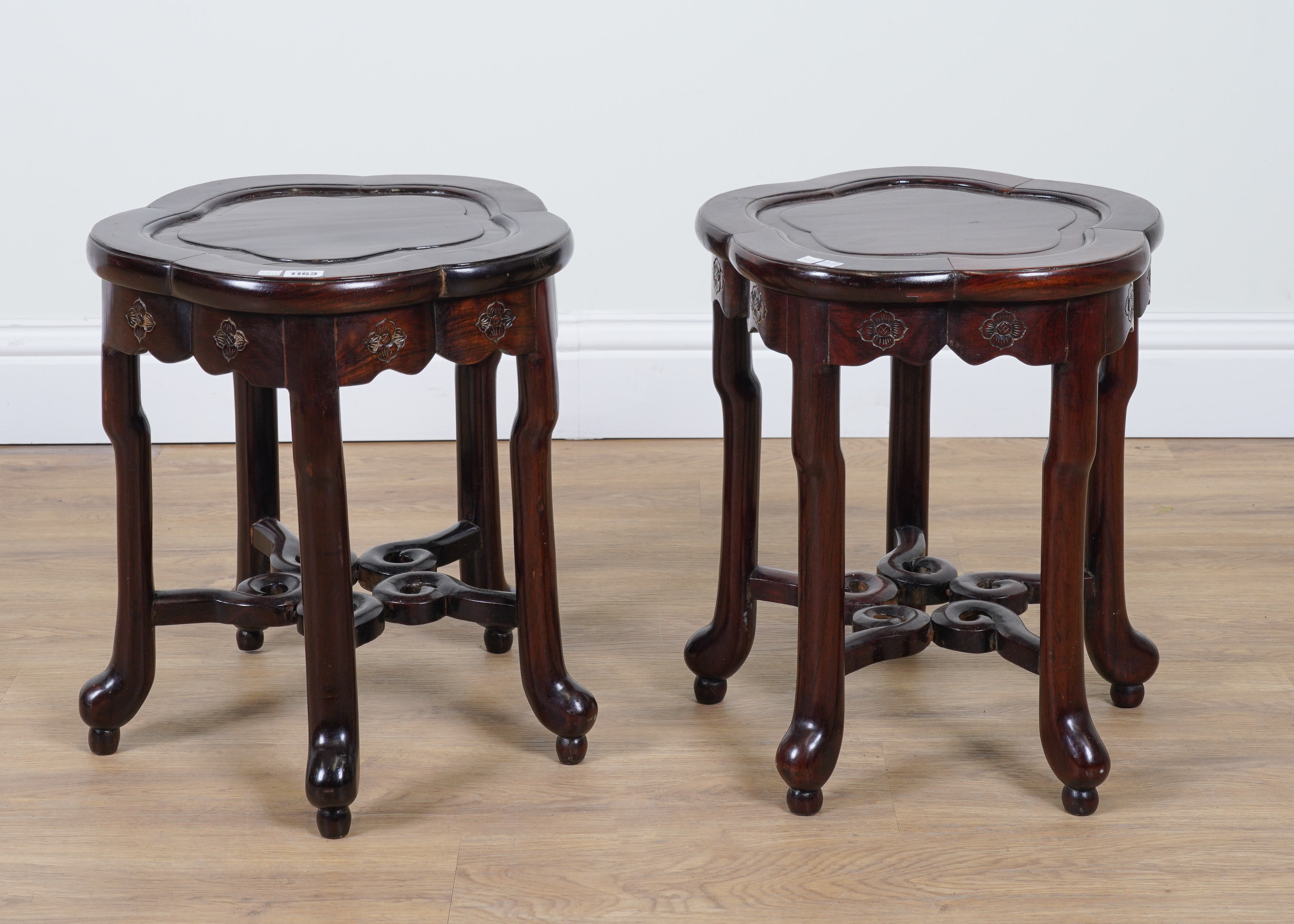 A PAIR OF CHINESE LATE 19TH CENTURY SHAPED CIRCULAR HARDWOOD JARDINIERE TABLES, EACH WITH FIVE...