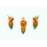 A CITRINE AND EMERALD PENDANT AND A MATCHING PAIR OF EARRINGS (2)