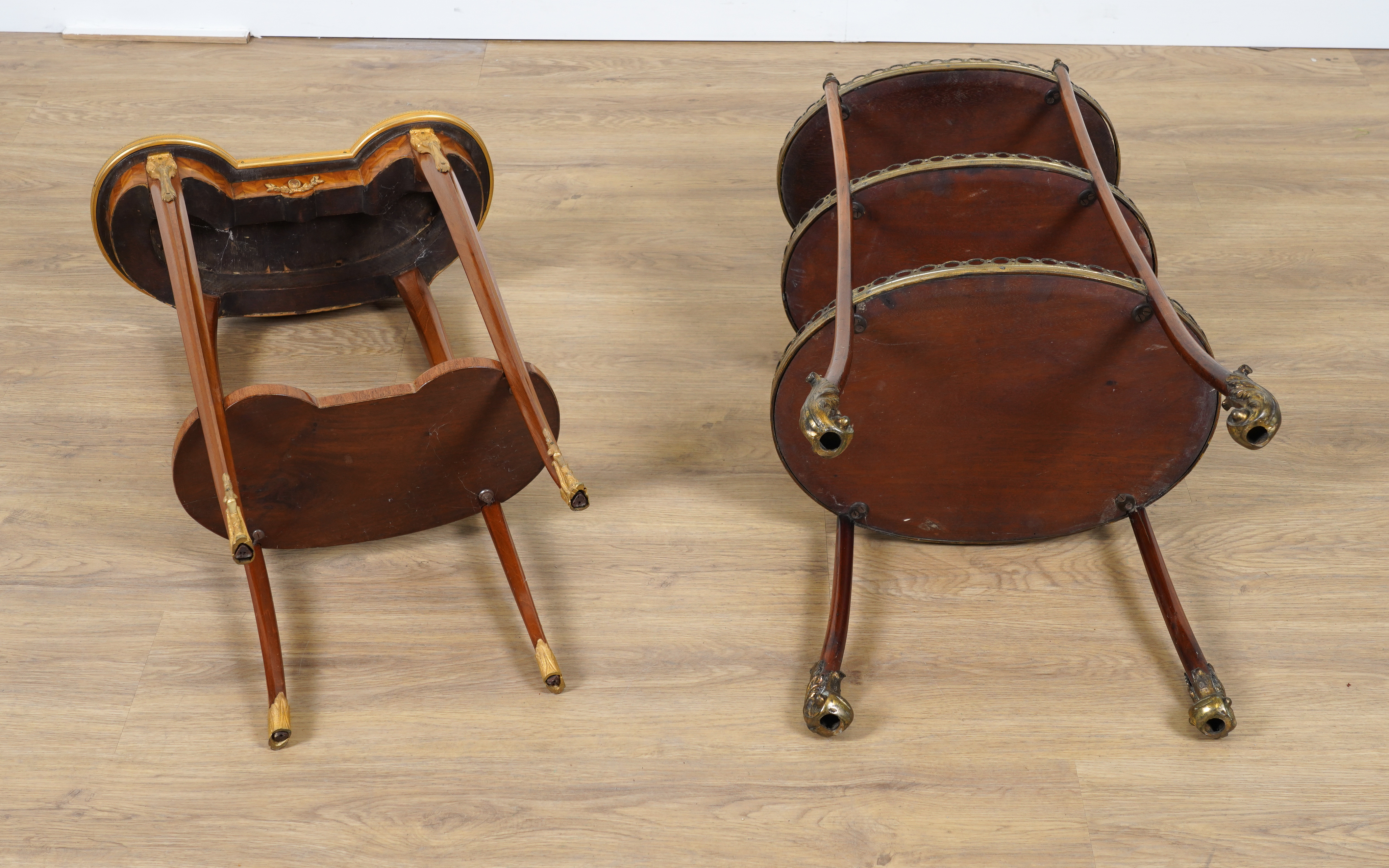 A 19TH CENTURY FRENCH PARQUETRY AND BRASS MOUNTED THREE TIER GALLERY ETAGERE (2) - Image 3 of 3