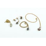 THREE GOLD AND GEM SET PENDANTS WITH NECKCHAINS AND TWO PAIRS OF EARRINGS (5)