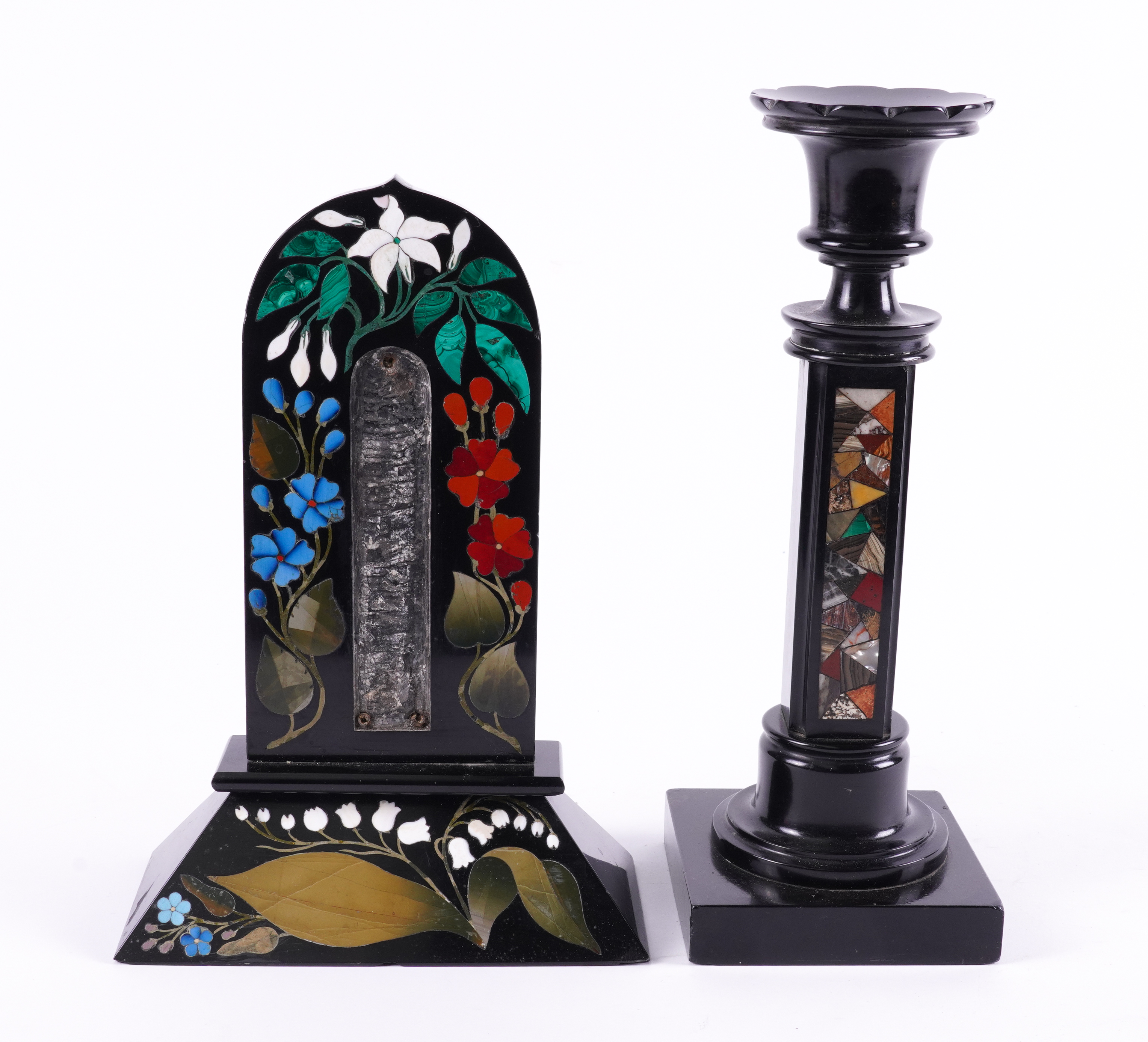 AN DERBSYSHIRE ASHFORD PIETRA DURA AND BLACK MARBLE TABLE THERMOMETER AND A SPECIMEN MARBLE...