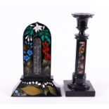 AN DERBSYSHIRE ASHFORD PIETRA DURA AND BLACK MARBLE TABLE THERMOMETER AND A SPECIMEN MARBLE...