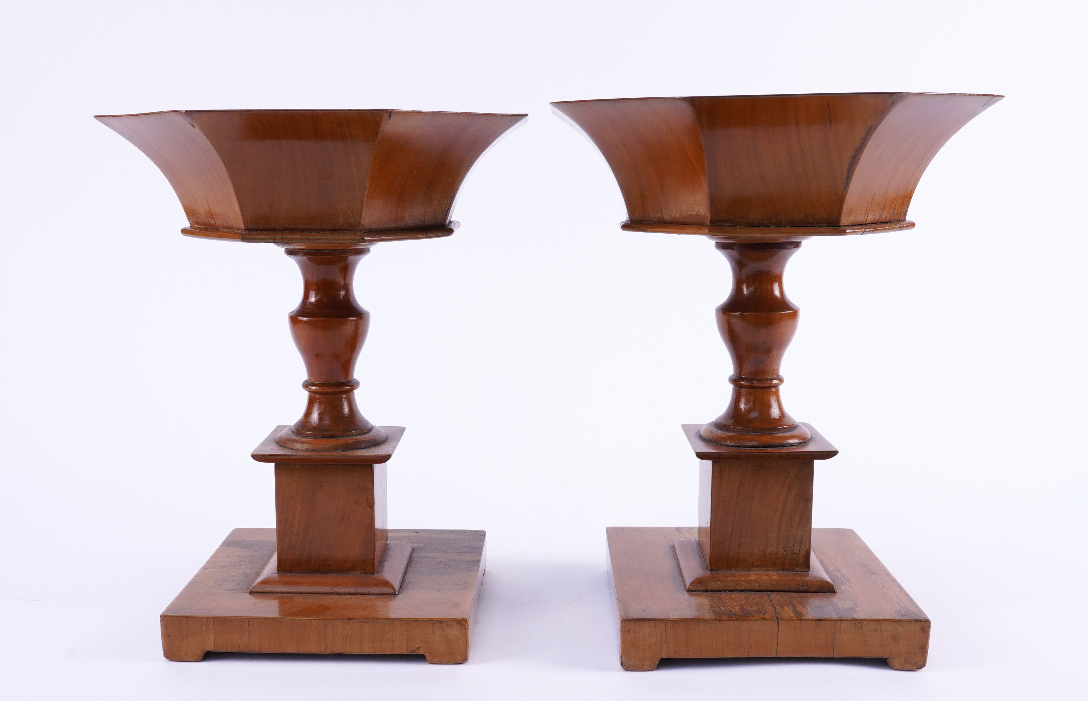 A PAIR OF FRUITWOOD OCTAGONAL TAZZA OR TABLE JARDINIERES (2)