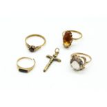 FOUR GEMSET 9CT GOLD RINGS AND A CRUCIFIX (5)