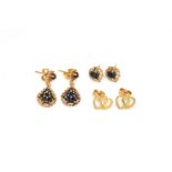 A PAIR OF 9CT GOLD AND SAPPHIRE PENDANT CLUSTER EARRINGS AND TWO FURTHER PAIRS OF EARRINGS (3)