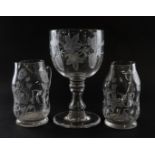 A PAIR OF ENGRAVED GLASS JUGS COMMEMORATING GEORGE III