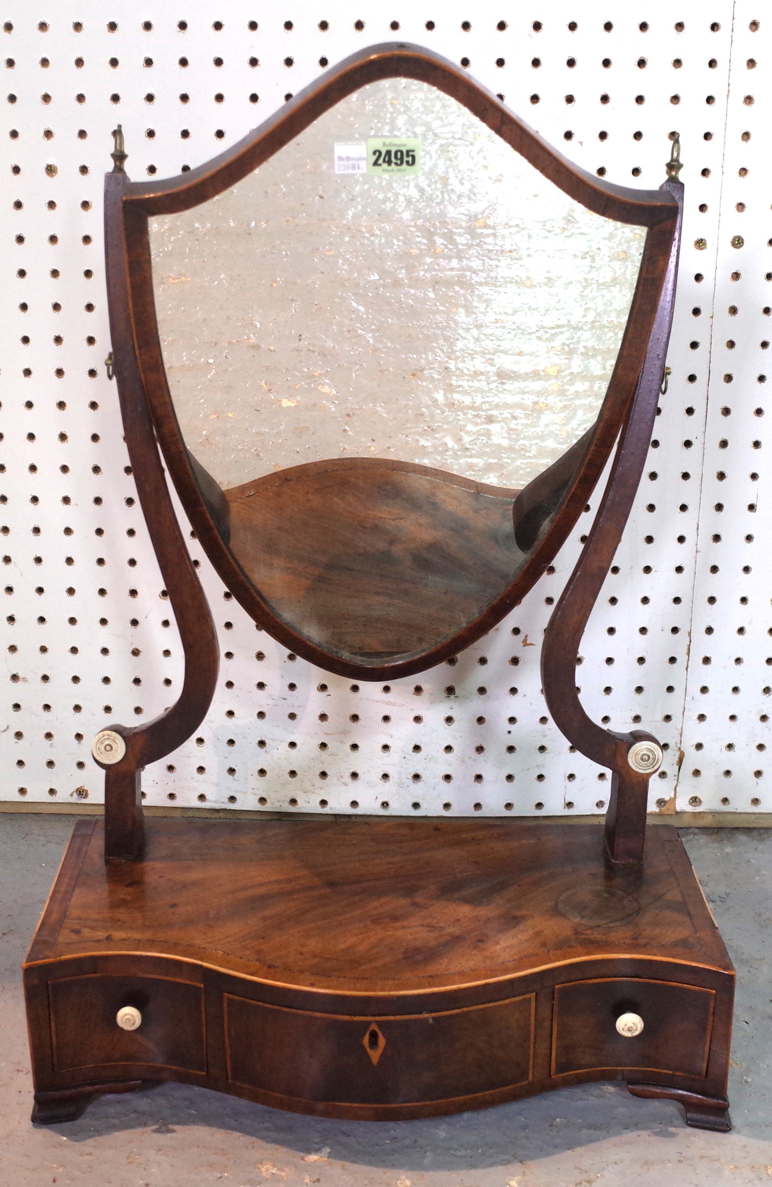 A GEORGE III INLAID MAHOGANY SHIELD SHAPED TOILET MIRROR