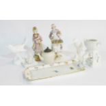 CERAMICS, INCLUDING A MEISSEN TRAY AND A GROUP OF THREE CONTINENTAL CERAMIC FIGURES (QTY)