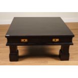 A MODERN BLACK STAINED HARDWOOD SQUARE TWO DRAWER COFFEE TABLE